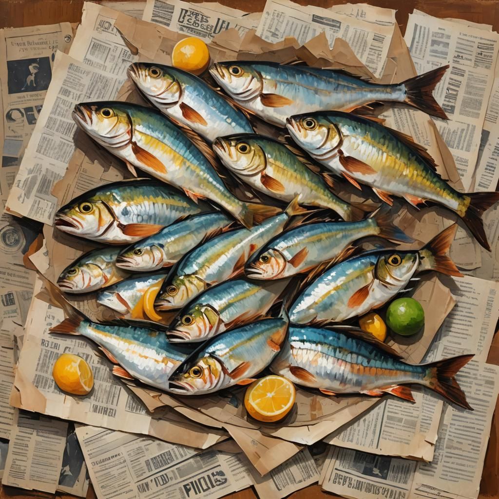 Impressionist Oil Painting of Fish on Newspaper