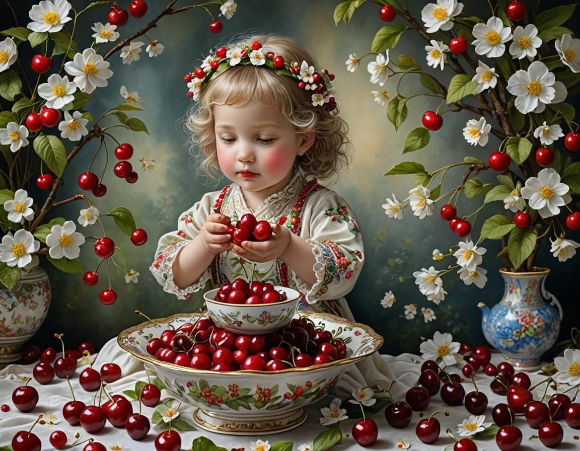 Toddler Enjoying Cherries: Intricate, Detailed Art