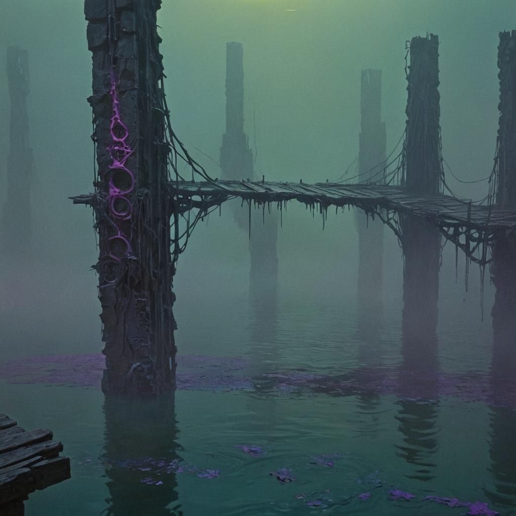Surreal Broken Bridge over Dark Water