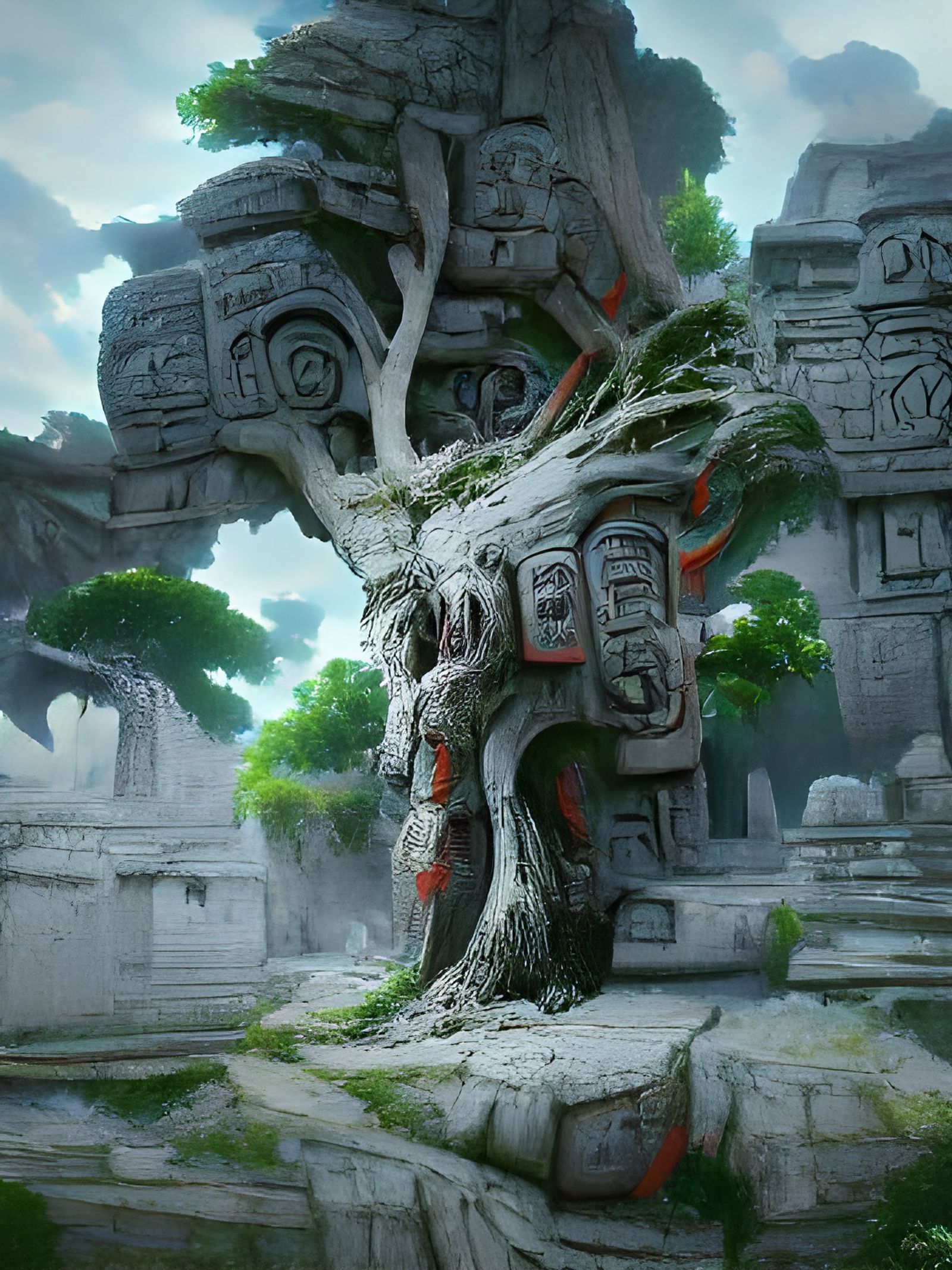 Hyperdetailed Mayan Ruins Under Ancient Tree