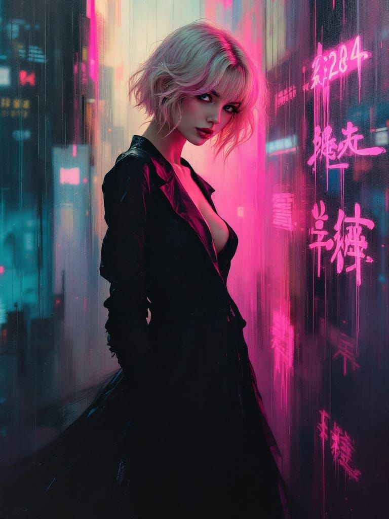 Blond Pin-Up Woman in Neon Hong Kong Fog