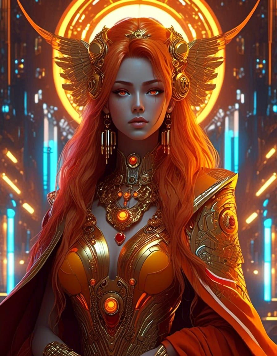 Asymmetrical Cyberpunk Anime Goddess, flowing Amber hair, Orange eyes, Orange & red angel wings, Orange, red with yellow...