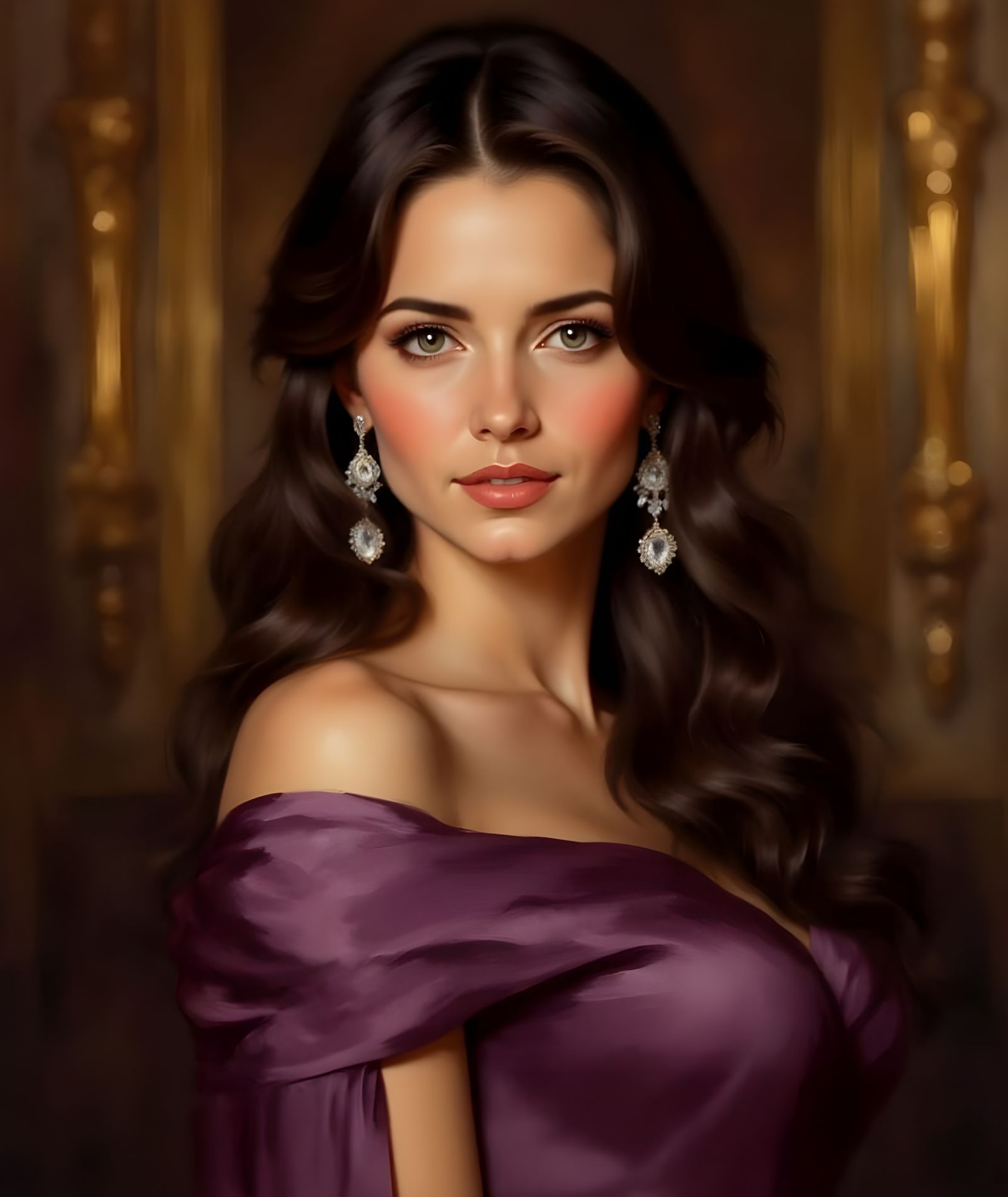Elegant Woman in Purple Gown with Diamond Earrings