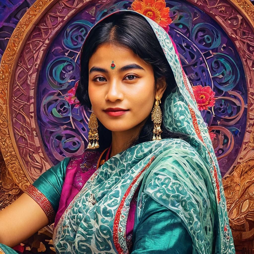 Bangladeshi Woman in Traditional Attire: Art Nouveau Portrai...