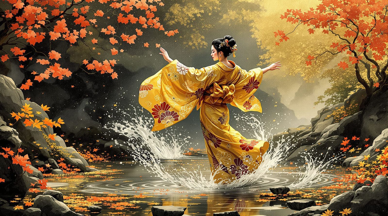 Golden Kimono Dancing in Zen Garden, Surrealism