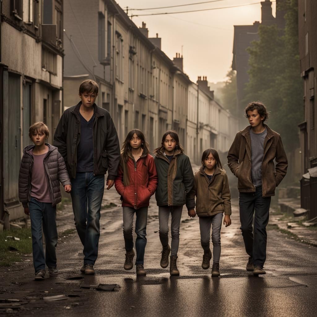 Family Walking on Dilapidated City Street at Dusk