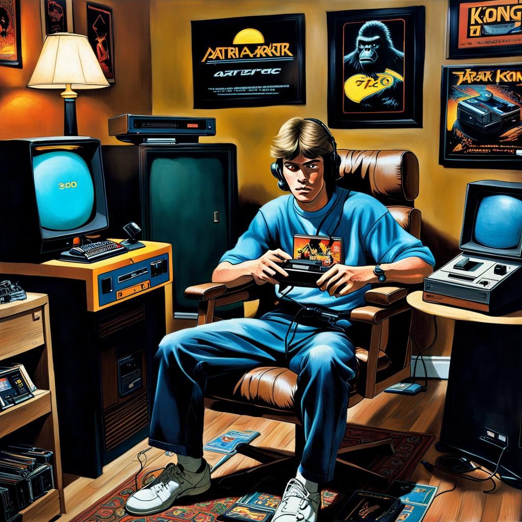 80s Teenager Playing Atari: Retro Photo
