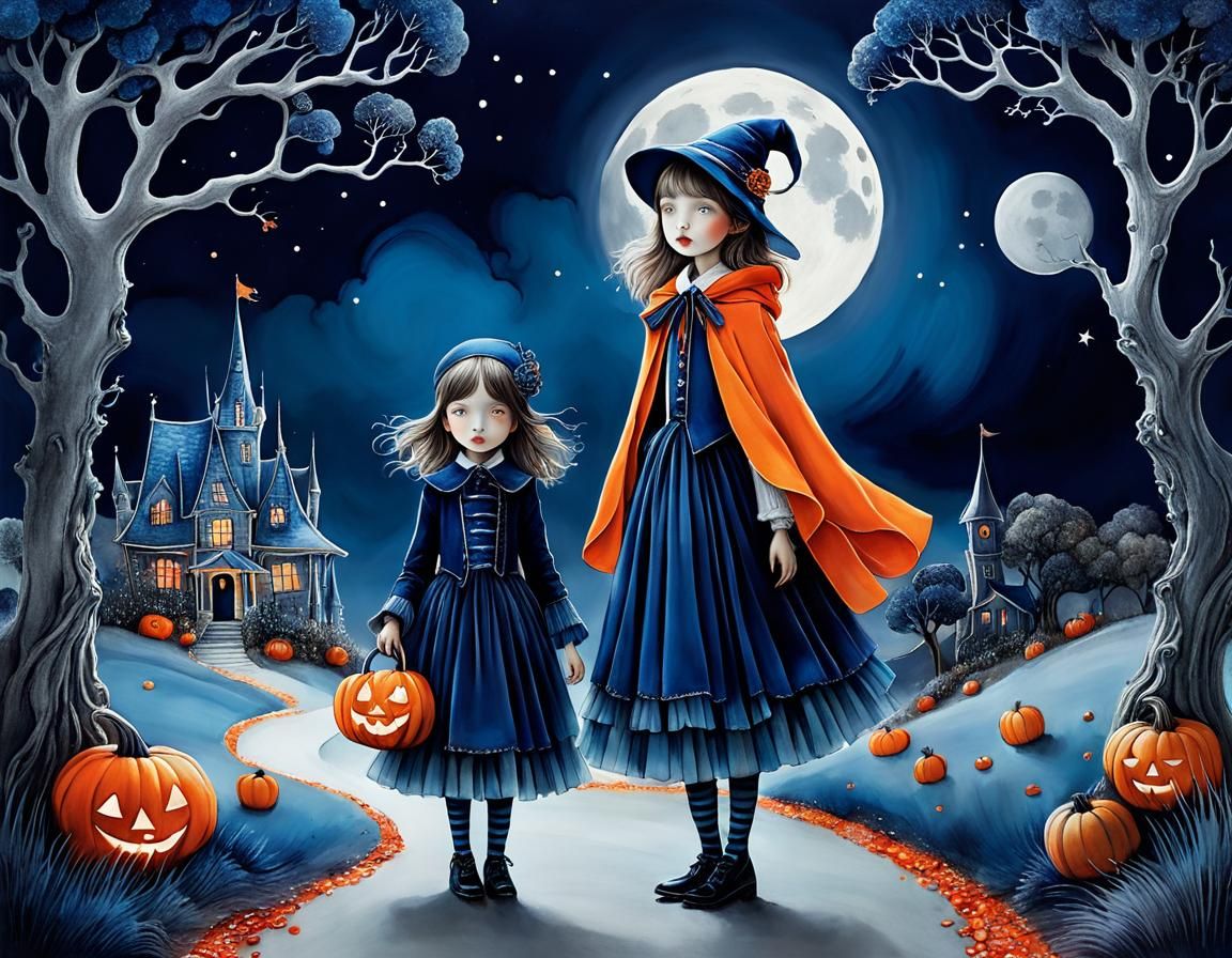 Magical Moonlight Trick-or-Treating: Whimsical Illustration