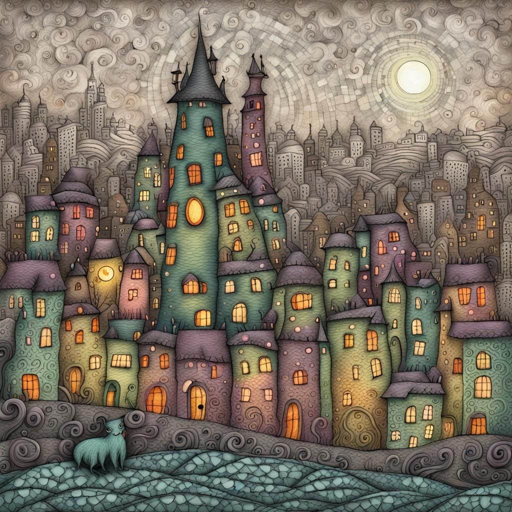 Eldritch Doodle Monster over Fantasy Zentangle City