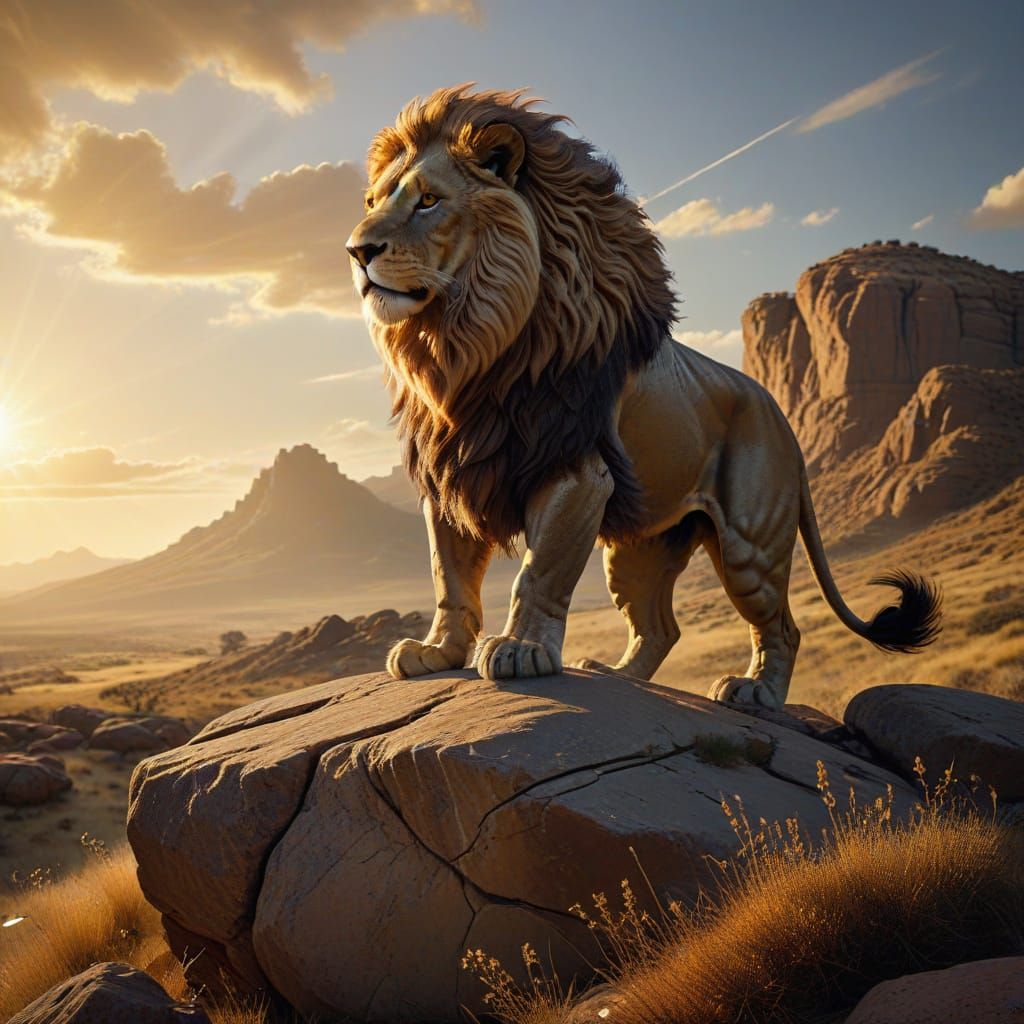 Armored Lion King Overlooks Golden Savanna