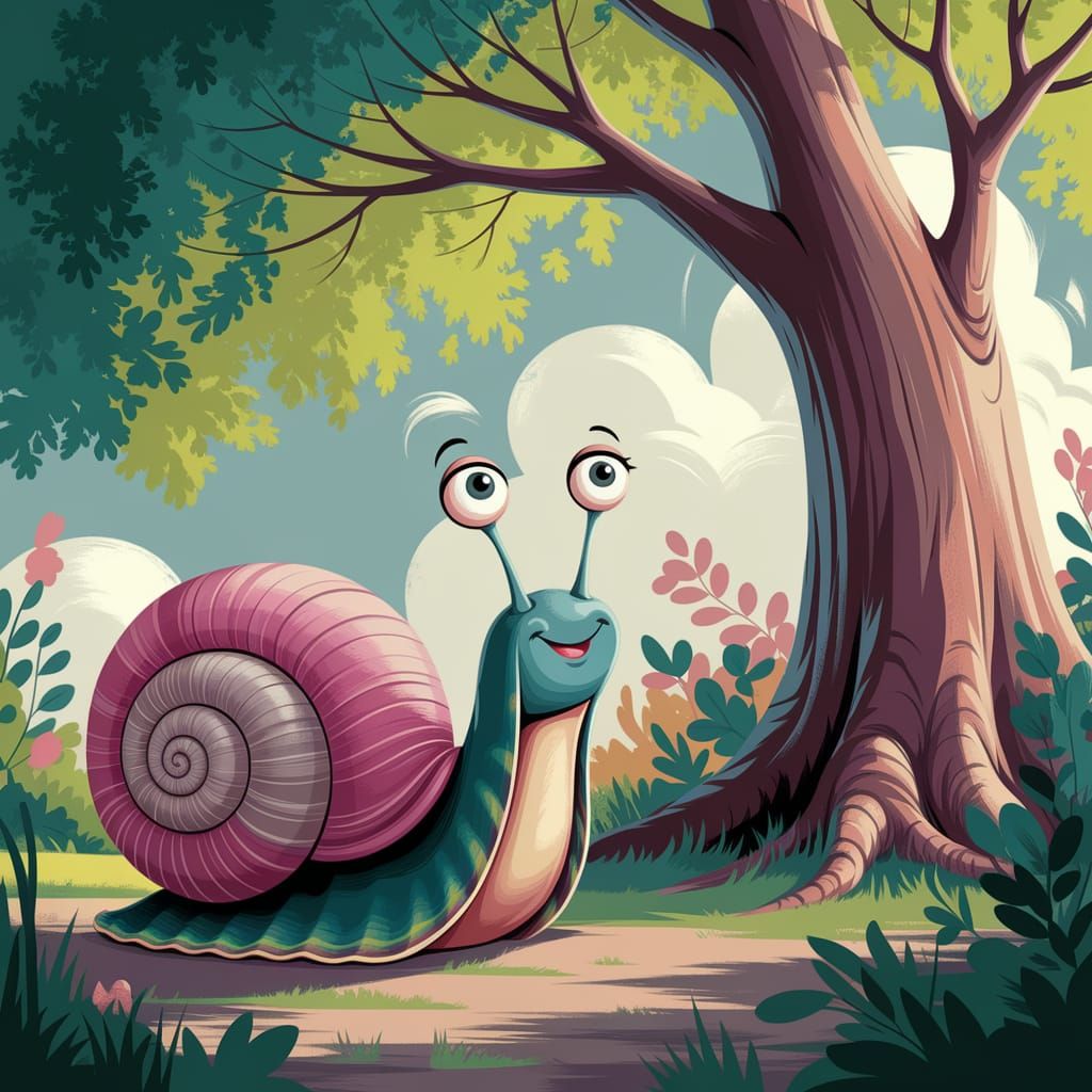 Whimsical Snail Gazing at Tree, Children's Illustration