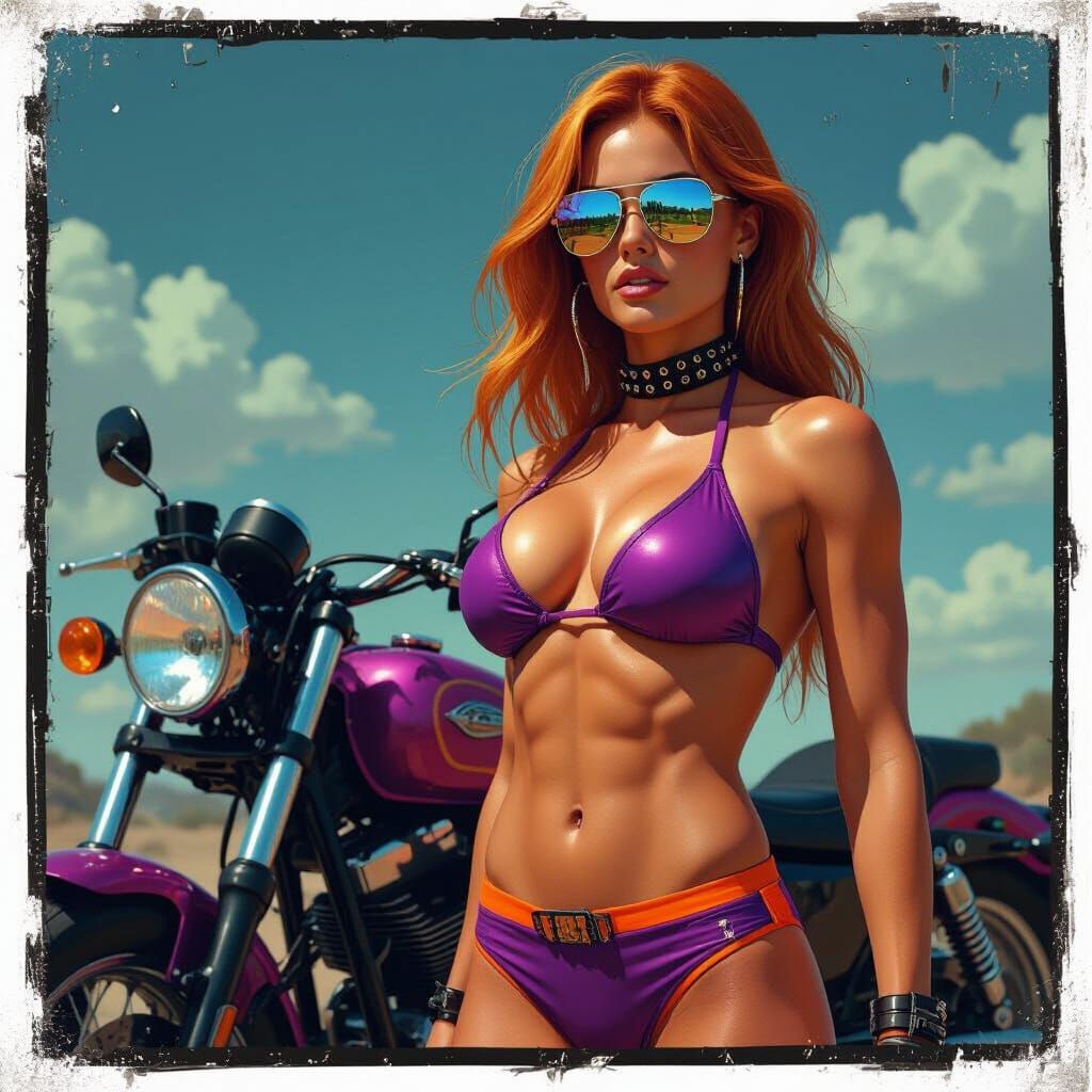 Confident Woman and Motorcycle in Dark Neon Style