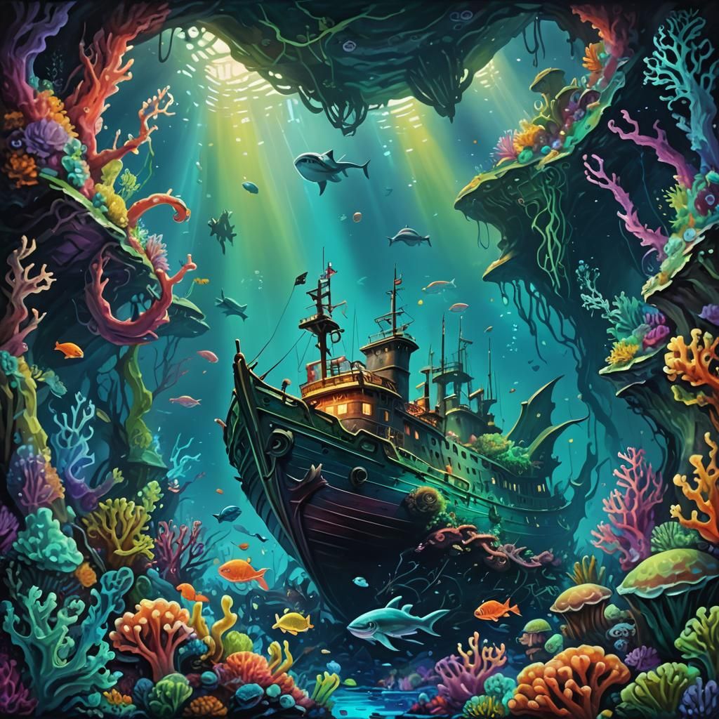 Sunken Ship with Bioluminescent Life, Oil Painting Style