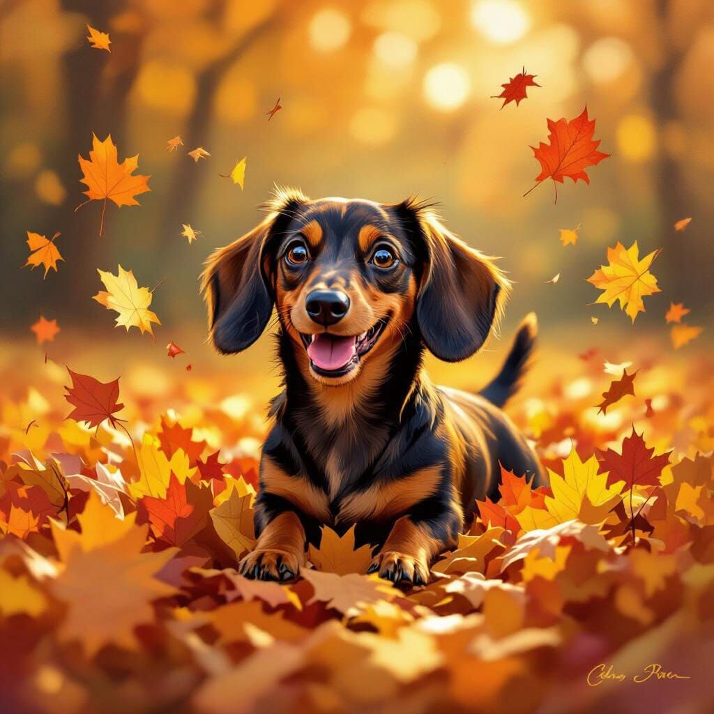 Dachshund Joyfully Plays in Autumn Leaves