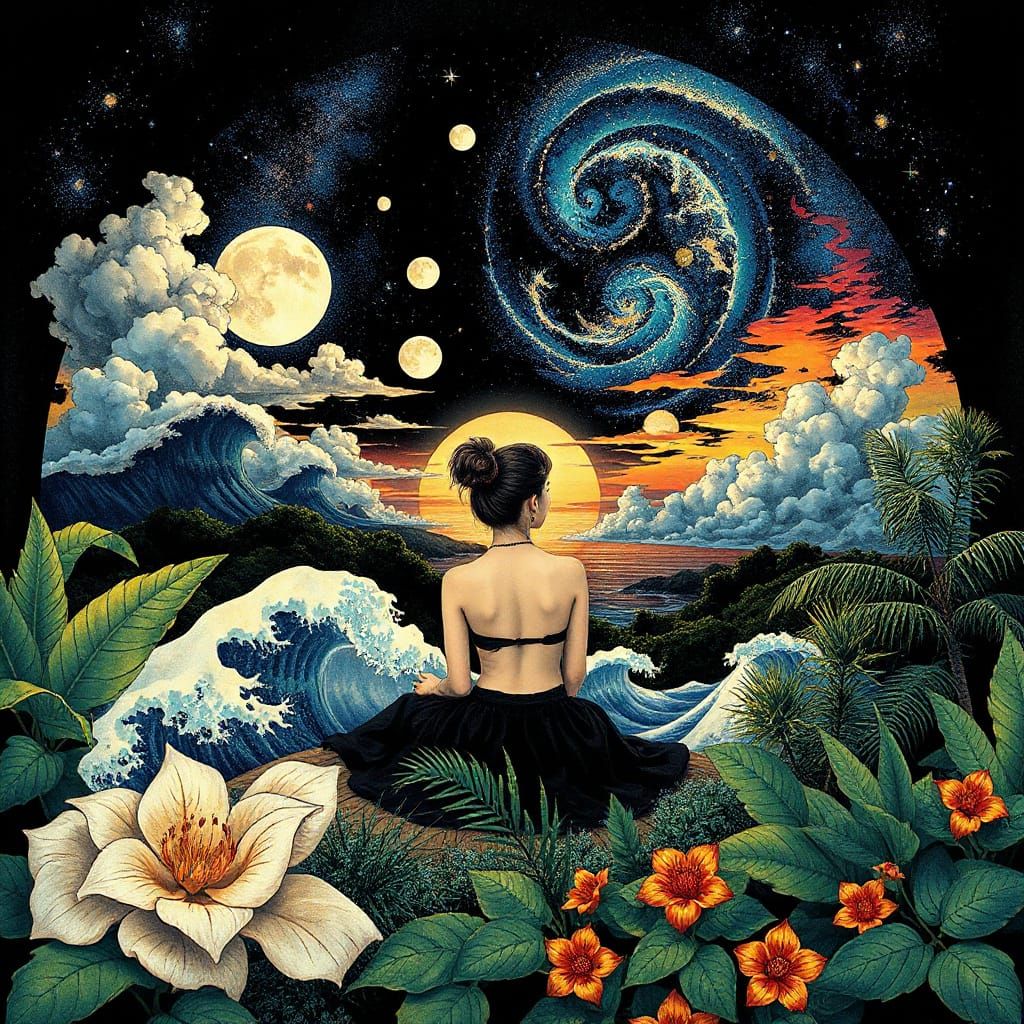 Dreamlike Garden Sanctuary in Vibrant Cosmic Balance