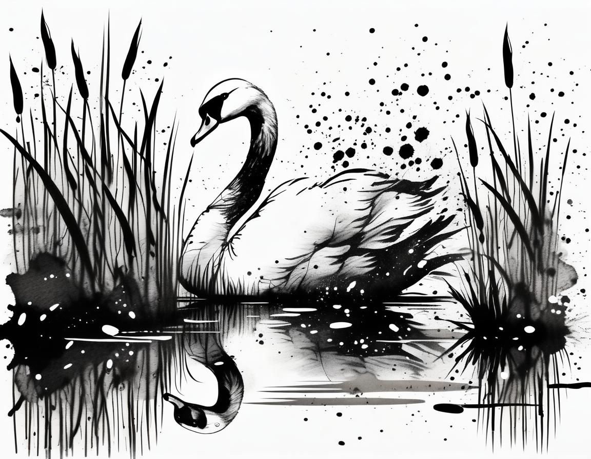 Swan in Pond: Ink Drawing with Splatter Technique