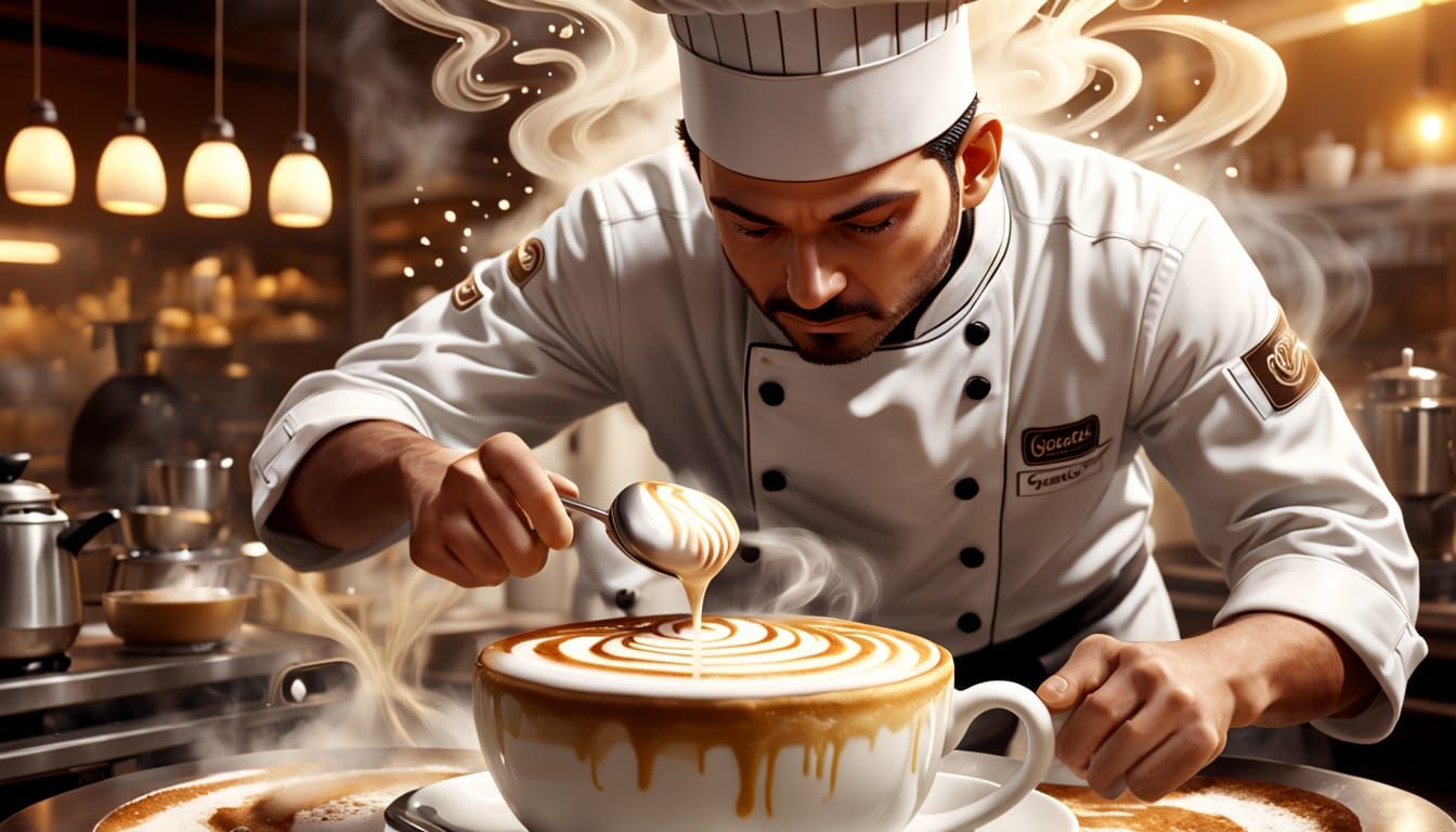 Tiny Chef Prepares Giant Cappuccino: Digital Art