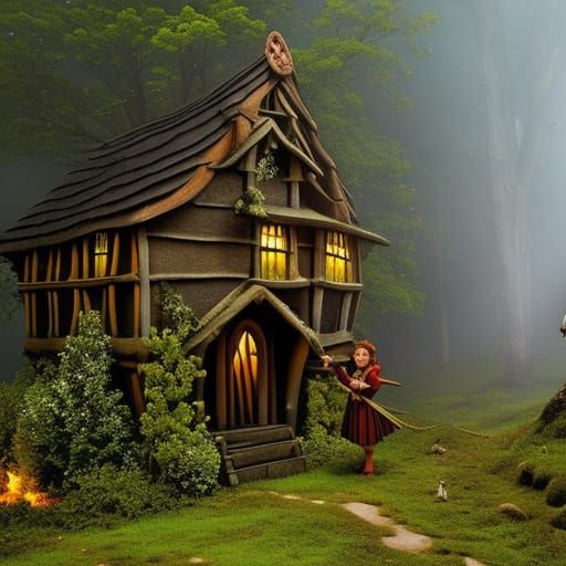 Hansel and Gretel Encounter Witch in Fairy Tale Forest