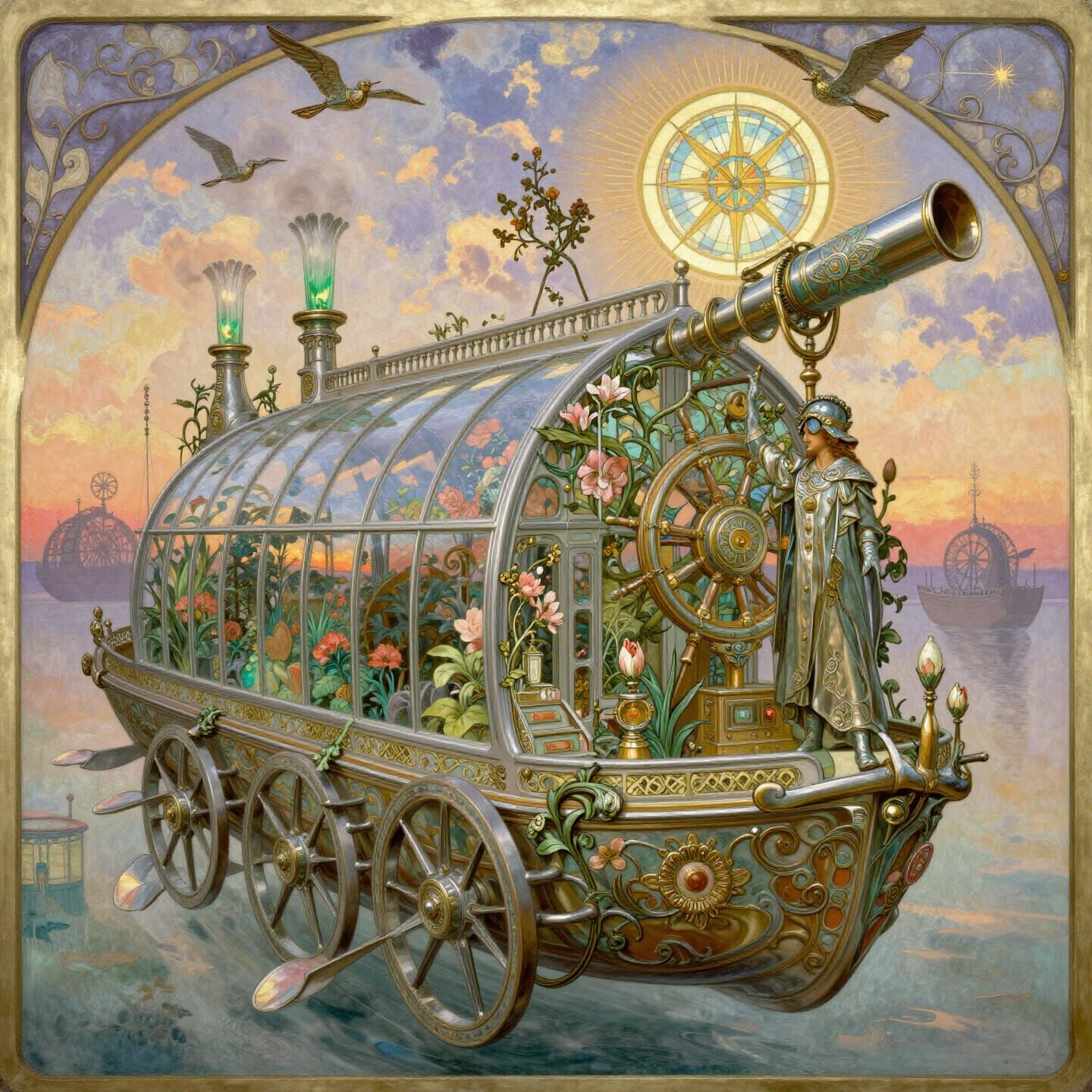 Art Nouveau Steampunk Airship Conservatory in Sunset Skies