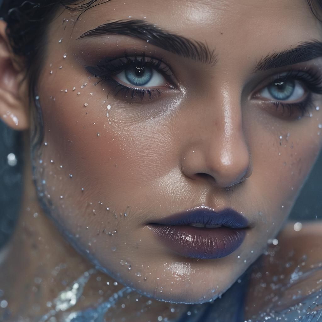 Kylie Jenner, Blue sheer nylon bodysuit, pantyhose, Smokey eyes, wet