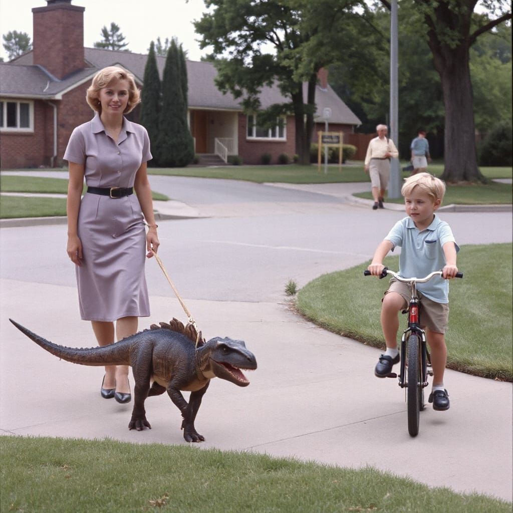 1950s Housewife Walks Pet Raptor Dinosaur