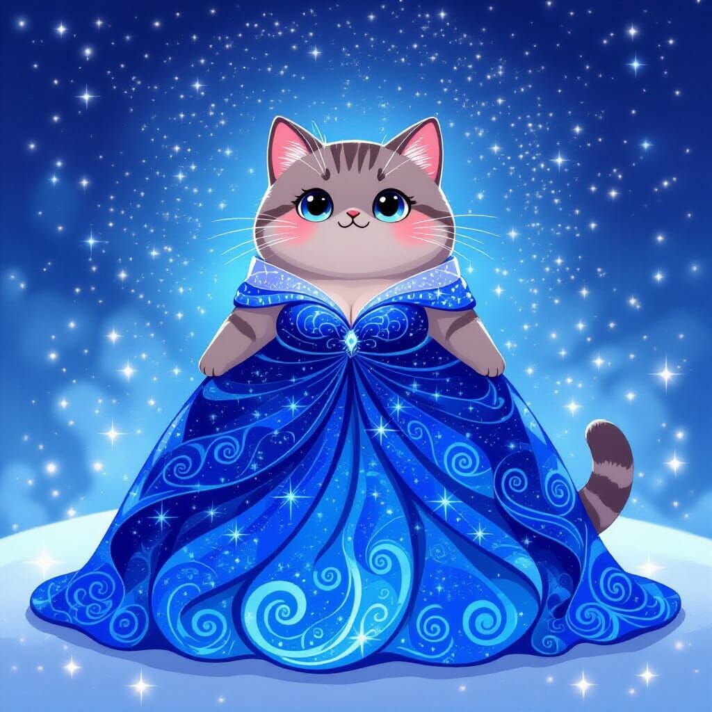 Pusheen in Flowing Blue Starry Night Gown