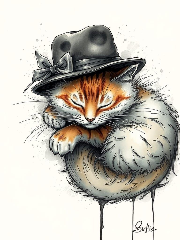 Cute Fluffy Kitten Sleeping in Fedora