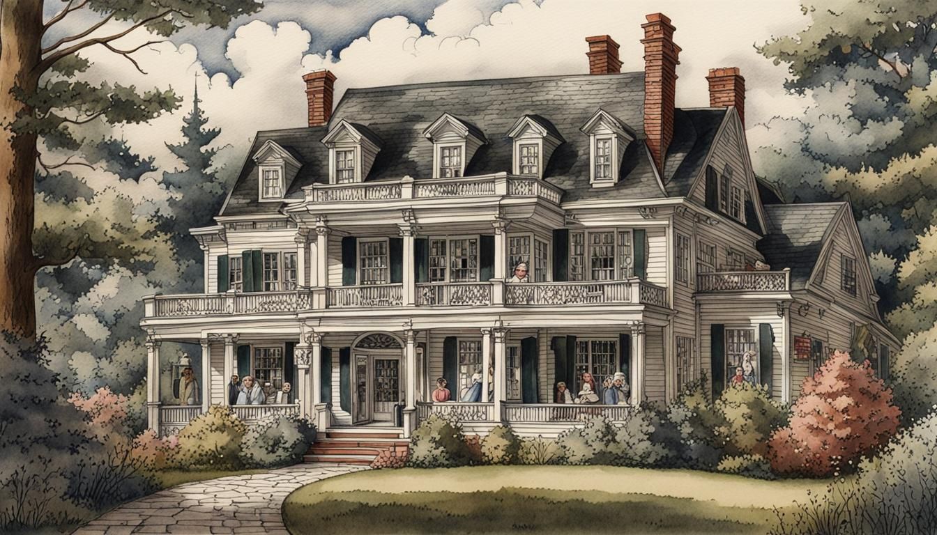 Colonial style home set in an evergreen forest with cloudy s...