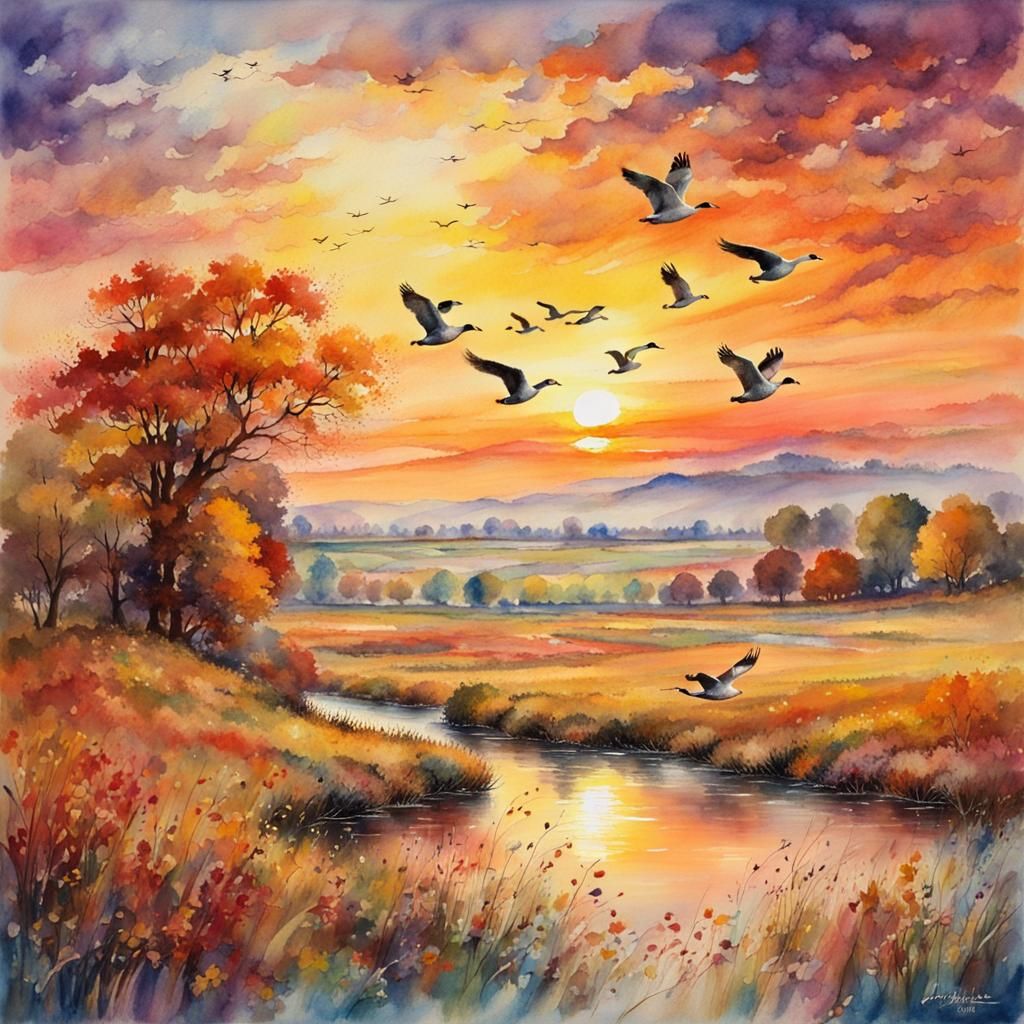 Autumn Sunset Landscape in Watercolor Style