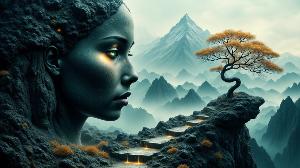 Majestic Woman in Surreal Mountain Landscape