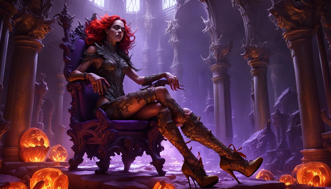 Female demon in heels on a throne of bones