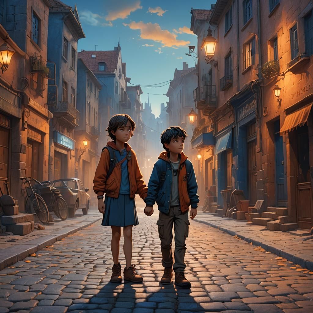 Emotional Scene: Boy Cries, Girl Comforts in Fantasy Street