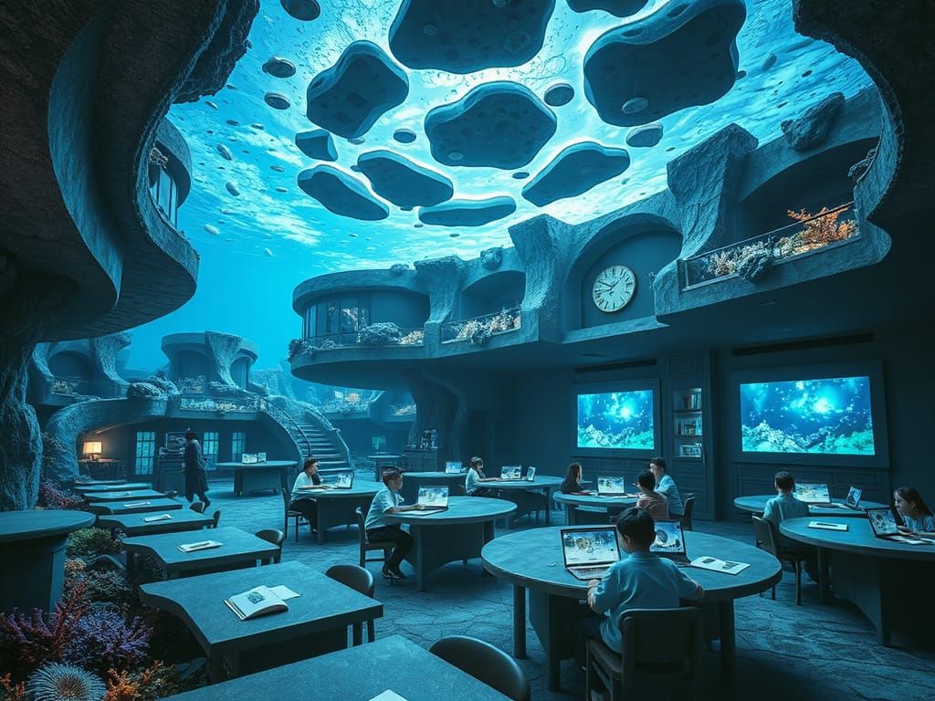 Bustling Underwater School in Art Nouveau Style