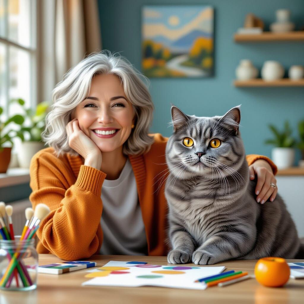 Cozy Scene: Woman Laughing with British Shorthair Cat