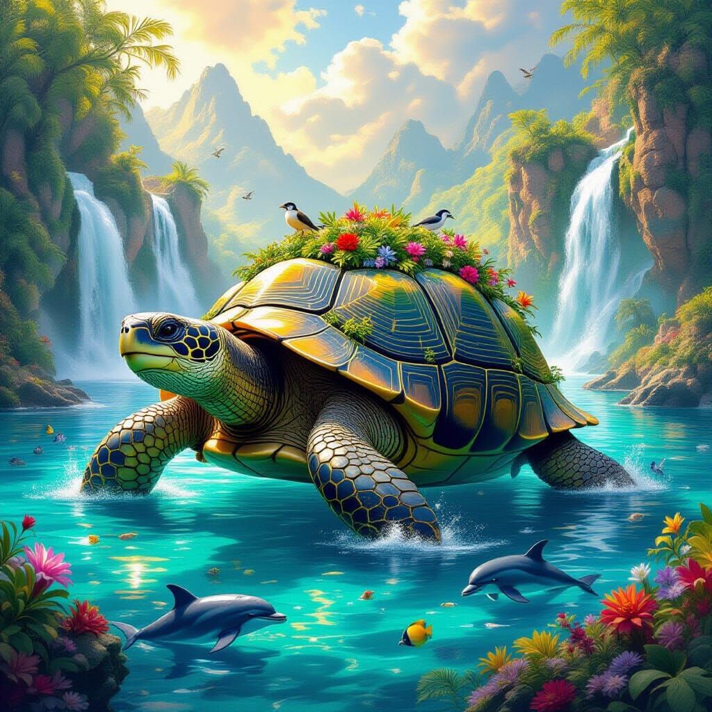 Colossal Tortoise Island Gliding Through Turquoise Ocean