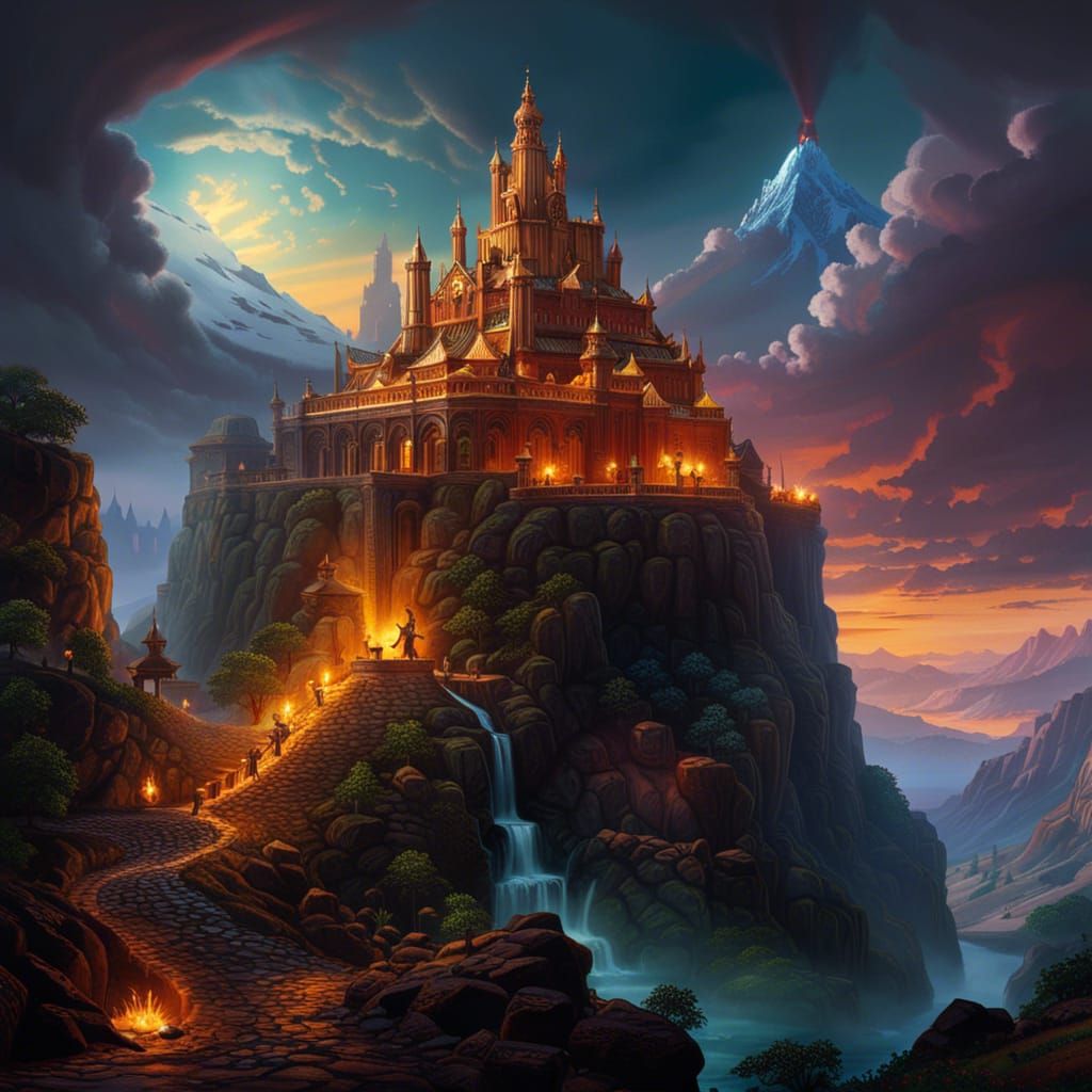 Epic Volcano Castle in Dark Fantasy Style