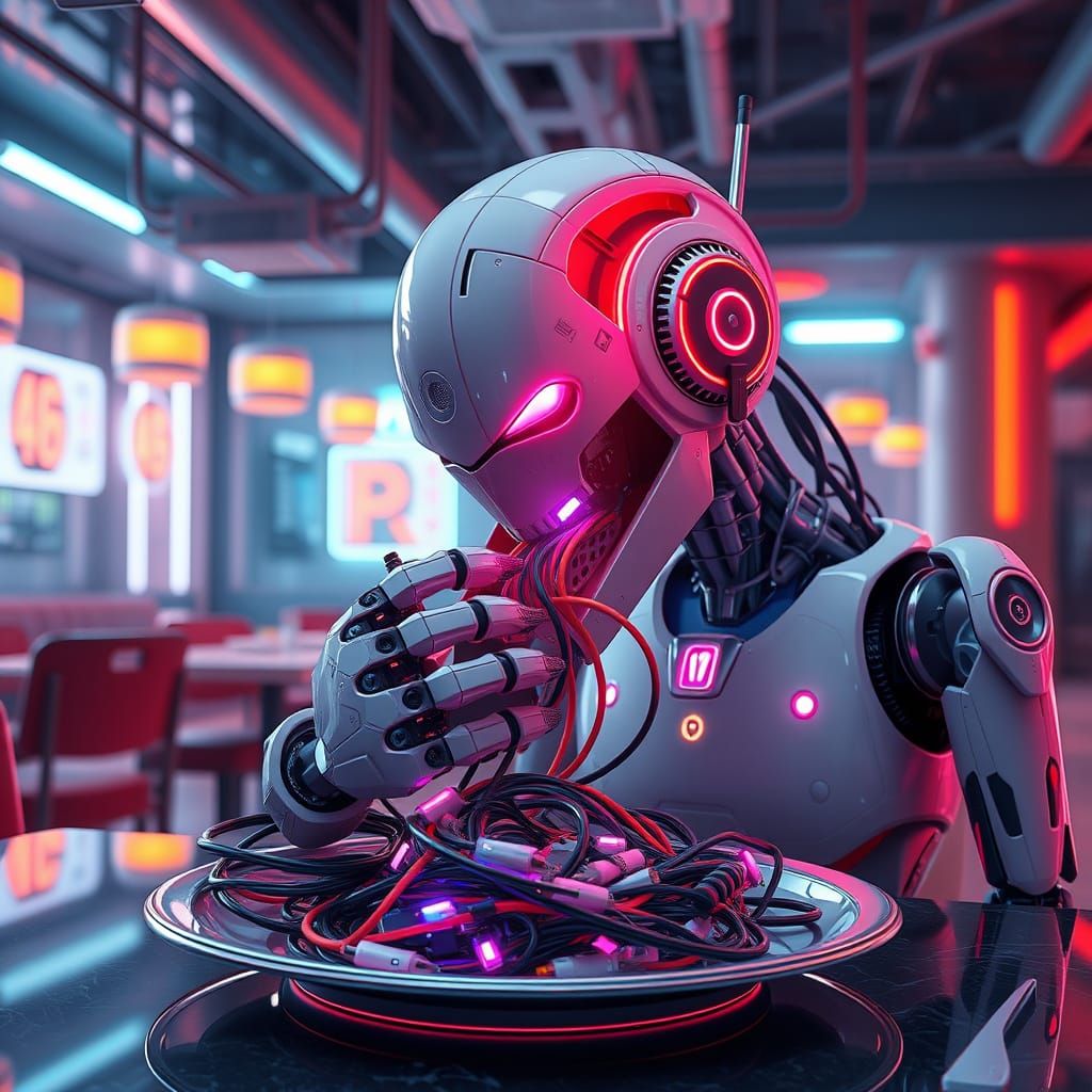Robot Savoring Neon Circuitry Delicacies in Futuristic Bistr...