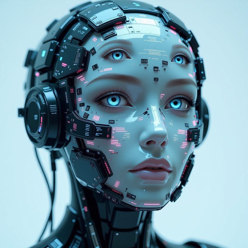 Futuristic Humanoid Head with Glitching LCD Screens