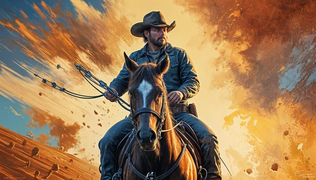 Cowboy on Horseback in Splatter Art Style