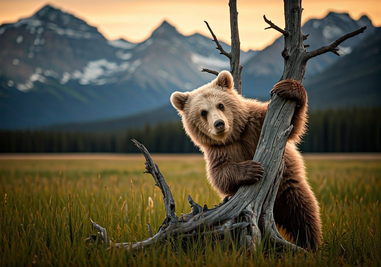 Surreal Realism: Young Bear Cub Embracing a Dead Tree in a S...