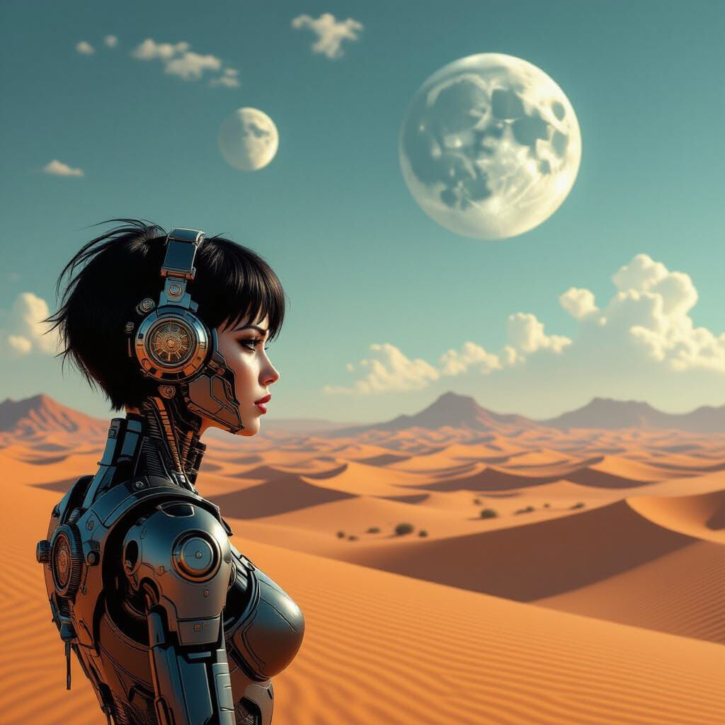 Steampunk Cyborg Woman in Alien Desert Landscape