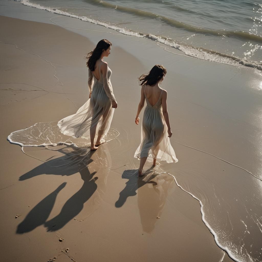 Woman on Beach at Sunset in Flowing Dress
