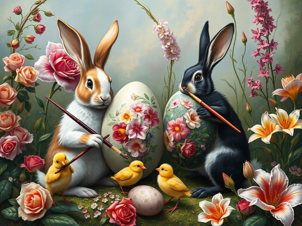 Rabbits and Chicks Painting Easter Eggs in Romantic Style