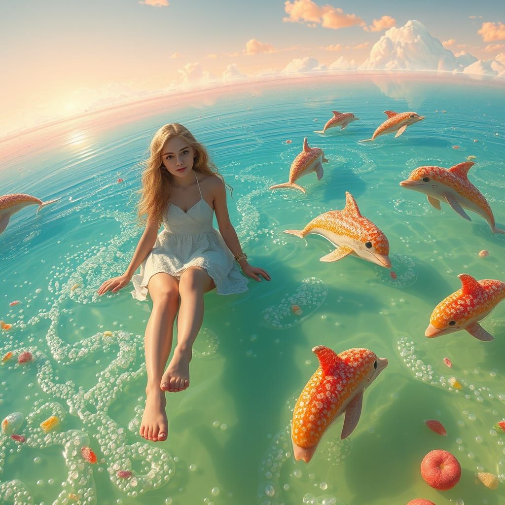 Dreamlike Soda Sea with Gummy Dolphins, Digital Art