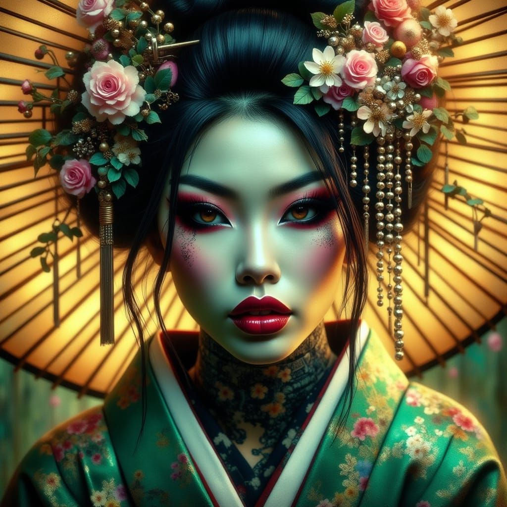 Ethereal Geisha in Emerald Kimono Digital Matte Painting