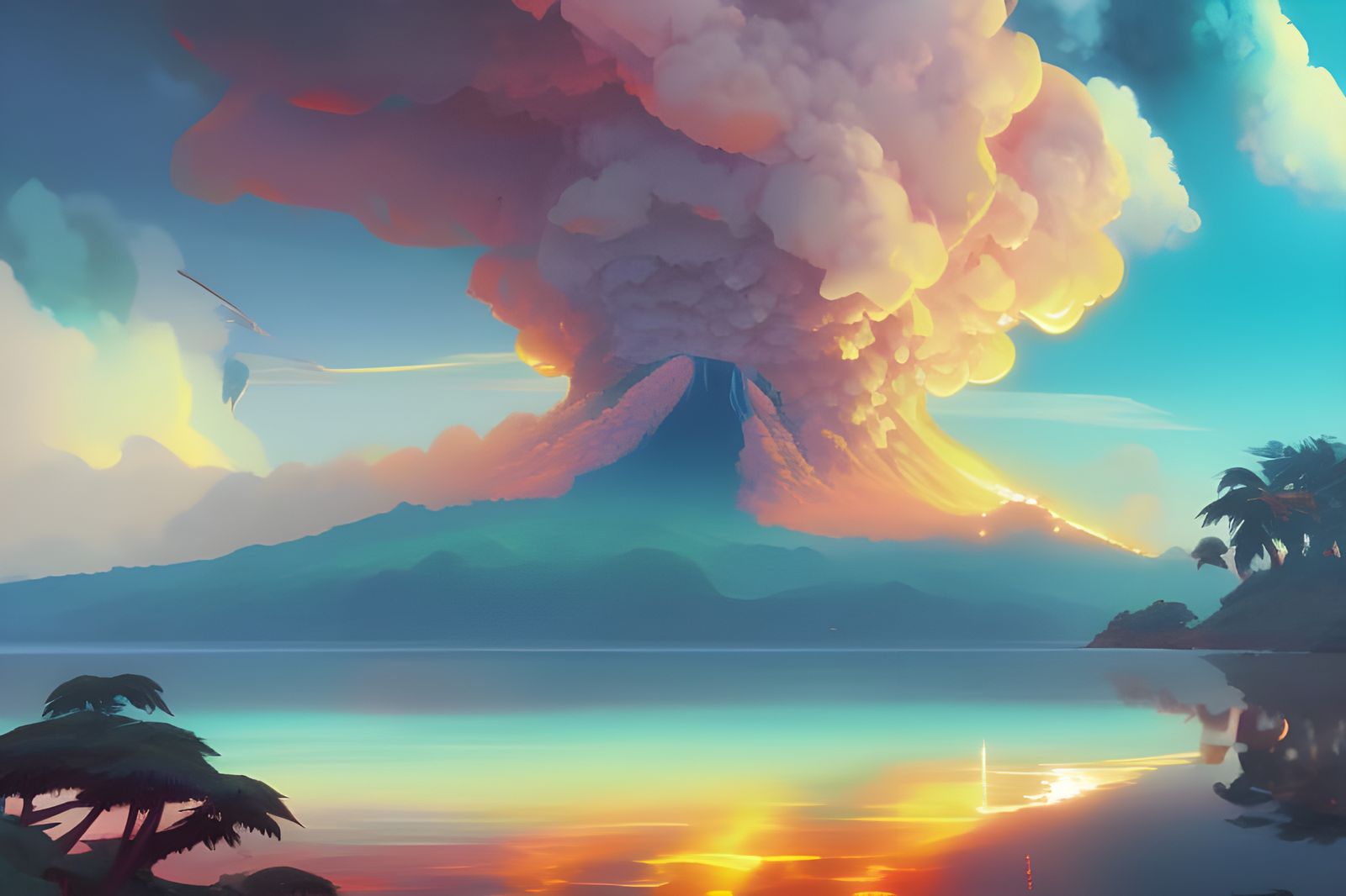 Erupting Volcano on Tropical Island in Anime Style