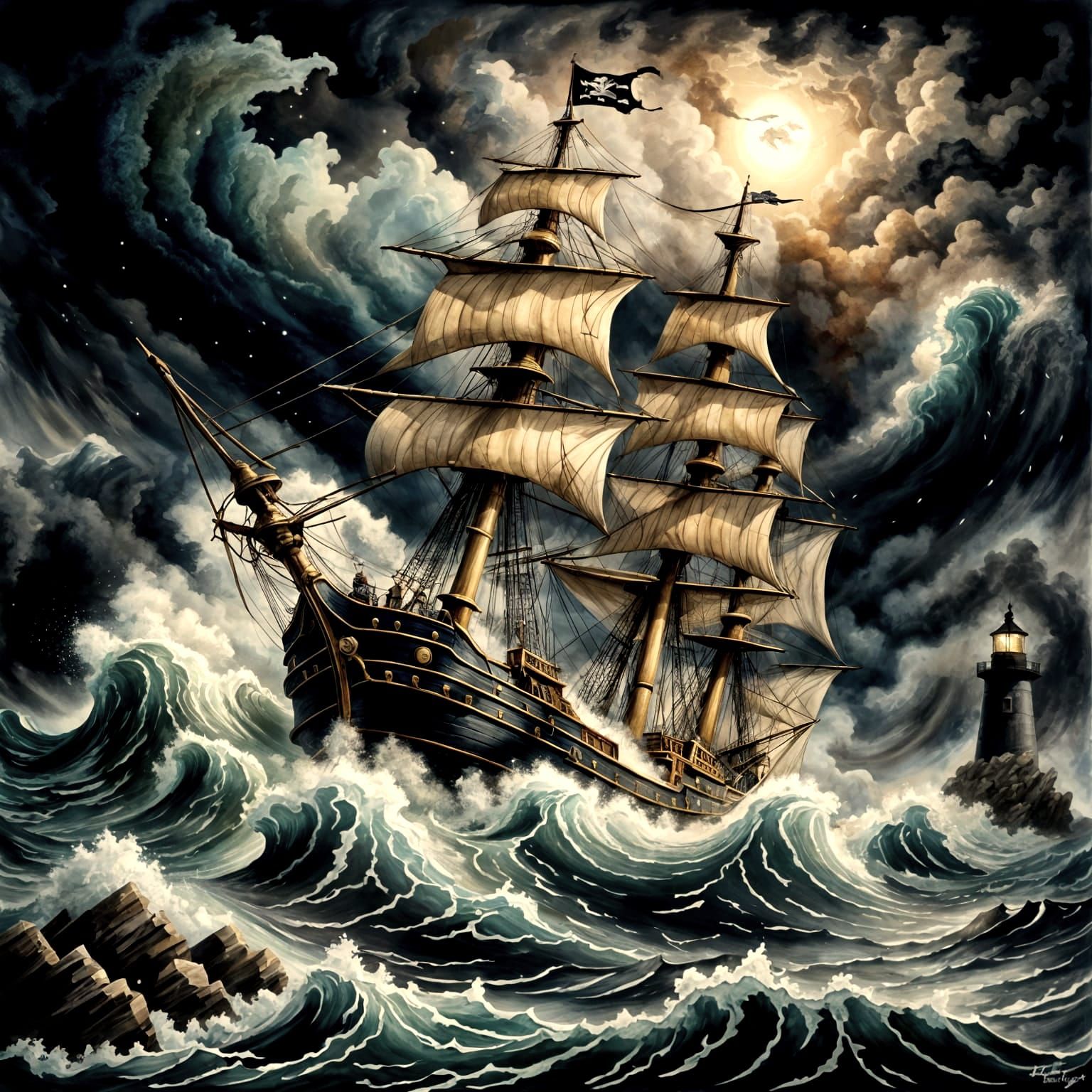 Pirate Ship Tossed by Stormy Seas in Moody Watercolors
