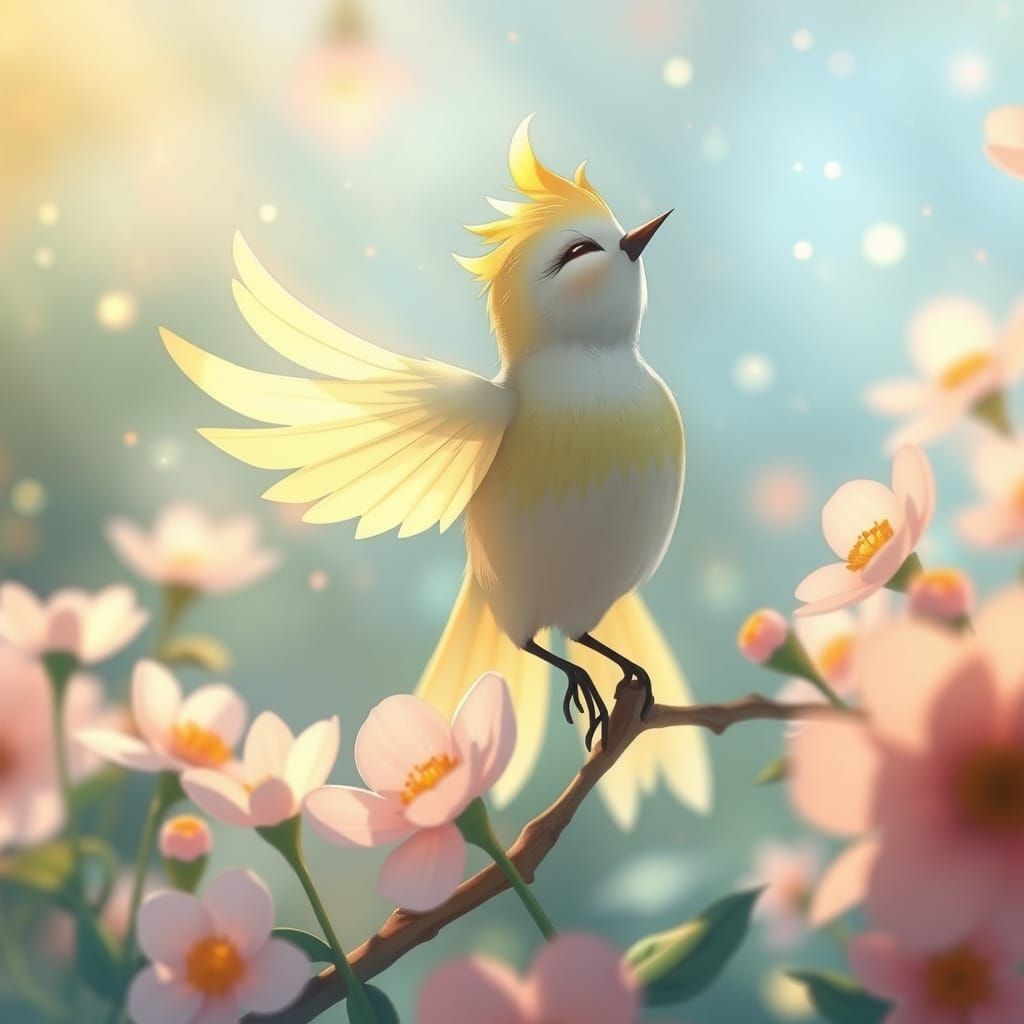 Ombre Feathered Bird Sings in Anime Style