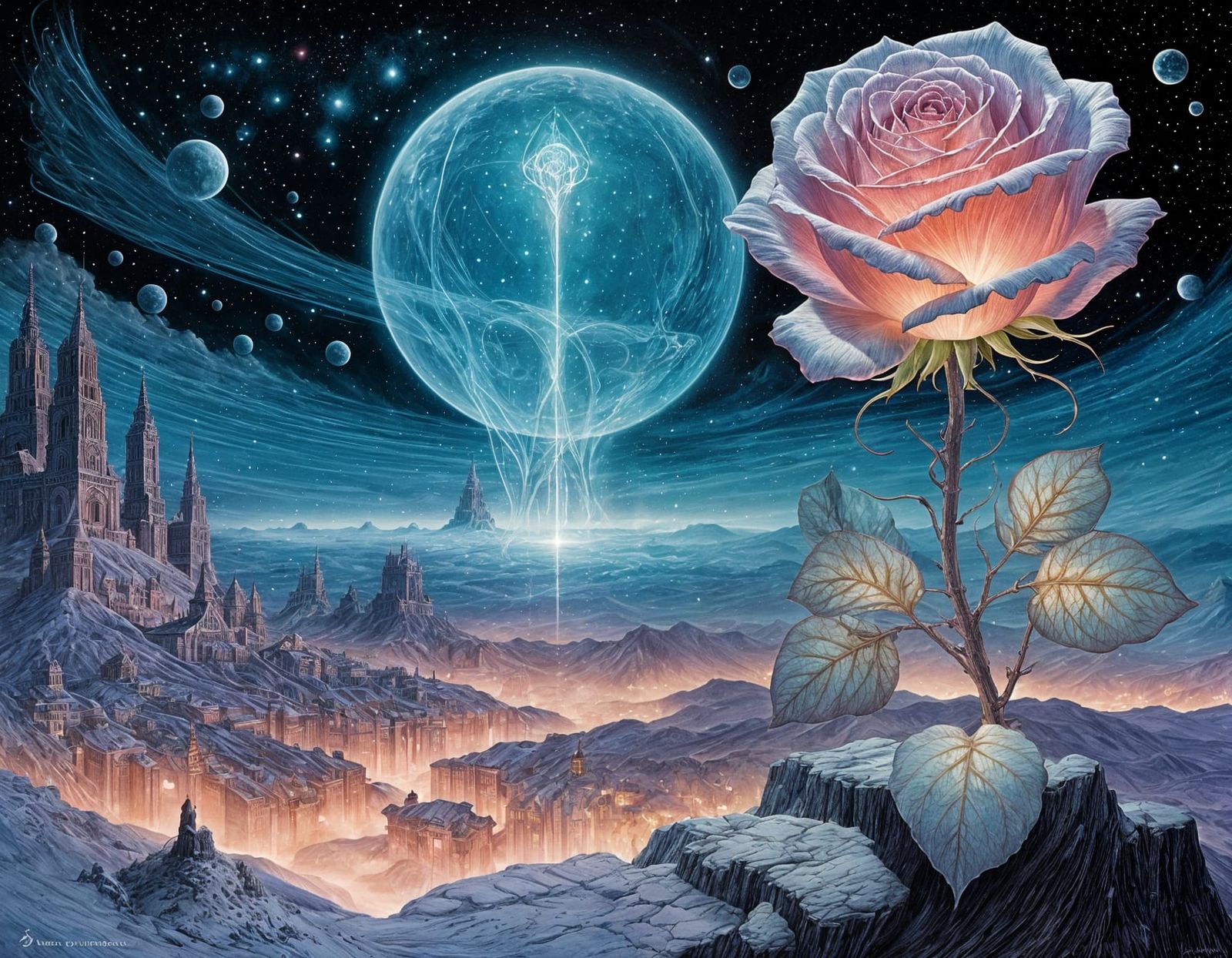 Ethereal Rose Shines in a Starry Night Sky