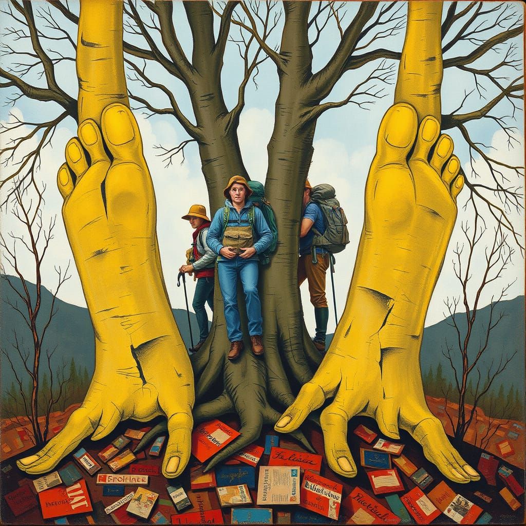 Hikers Overwhelmed by Giant Feet in Abstract Art